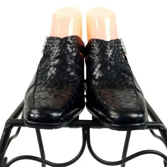 Brighton Twain Black Woven Leather Croc Embossed Heeled Mule Shoes Womens 8.5M