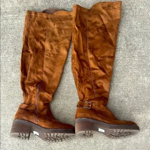 Brown Over the Knee Boots with Suede Texture and Chunky Heel