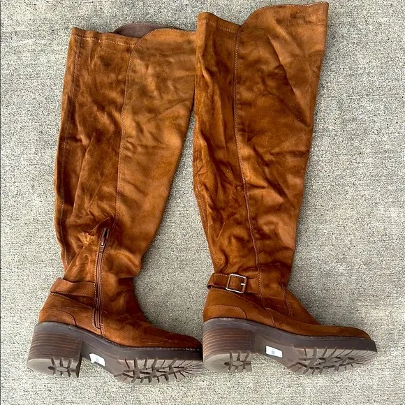 Brown Over the Knee Boots with Suede Texture and Chunky Heel