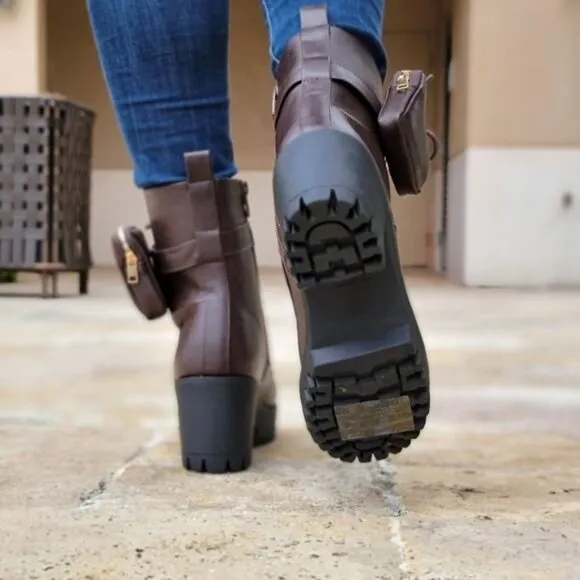 Brown‎ Women's Lug Sole Ankle Lace Up Heeled Ankle Boots w Pouch