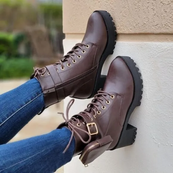 Brown‎ Women's Lug Sole Ankle Lace Up Heeled Ankle Boots w Pouch