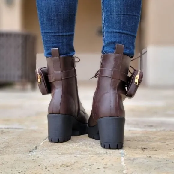 Brown‎ Women's Lug Sole Ankle Lace Up Heeled Ankle Boots w Pouch