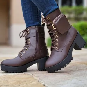 Brown‎ Women's Lug Sole Ankle Lace Up Heeled Ankle Boots w Pouch