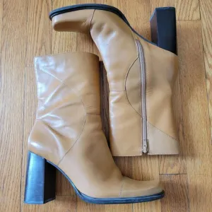 Bruno Valenti DARCY Block Heel Leather Boots 10 Camel Tan Vintage Brazil Chunky