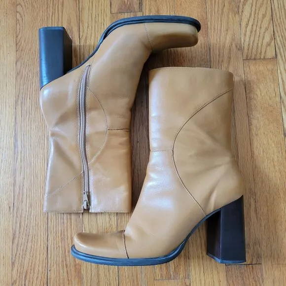 Bruno Valenti DARCY Block Heel Leather Boots 10 Camel Tan Vintage Brazil Chunky