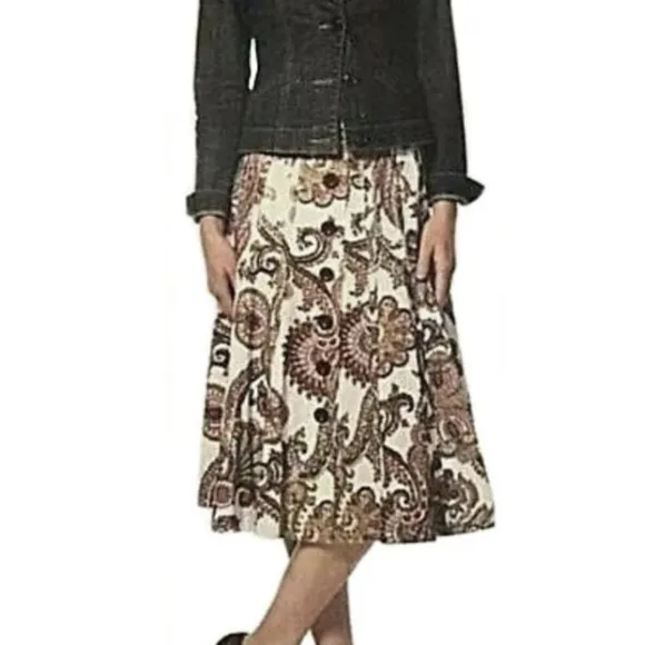 CAbi Palapa Swing Skirt Paisley Floral Button Front Cotton Boho Tan #861 size 8