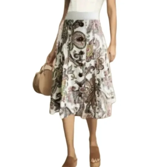 CAbi Palapa Swing Skirt Paisley Floral Button Front Cotton Boho Tan #861 size 8