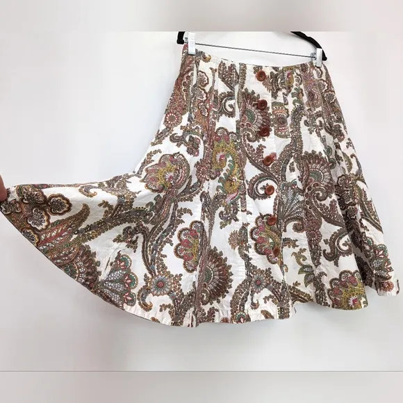 CAbi Palapa Swing Skirt Paisley Floral Button Front Cotton Boho Tan #861 size 8