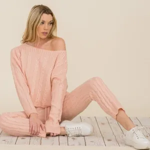 Cable Knit Long Sleeve &amp; pants pink lounge set
