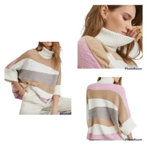 CALLAHAN KNIT Anthropologie Pastel Striped Turtleneck Poncho Sweater Small