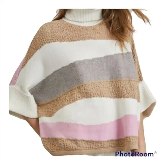 CALLAHAN KNIT Anthropologie Pastel Striped Turtleneck Poncho Sweater Small