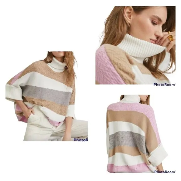 CALLAHAN KNIT Anthropologie Pastel Striped Turtleneck Poncho Sweater Small