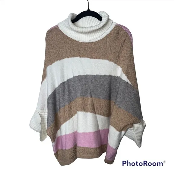 CALLAHAN KNIT Anthropologie Pastel Striped Turtleneck Poncho Sweater Small