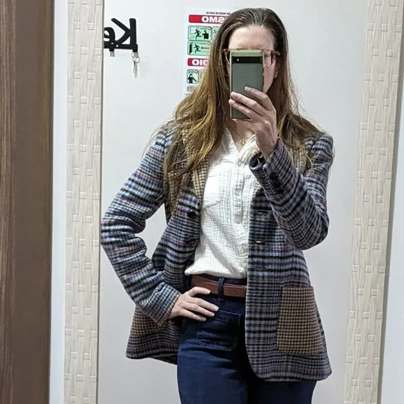 Cara Cara Brushed Tweed plaid Jacket Blazer 6