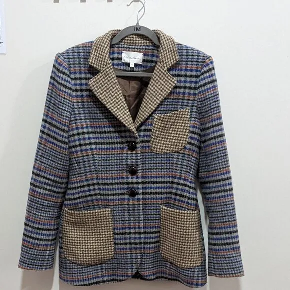Cara Cara Brushed Tweed plaid Jacket Blazer 6