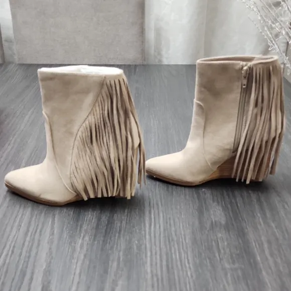 Carlos Santana Mika Western Wedge Fringe Boots Booties Driftwood