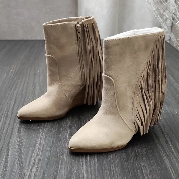 Carlos Santana Mika Western Wedge Fringe Boots Booties Driftwood