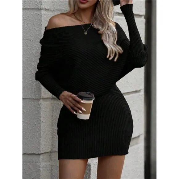 Casual Batwing Sleeve Waisted Knitted Sweater Dress, For Autumn And Winter