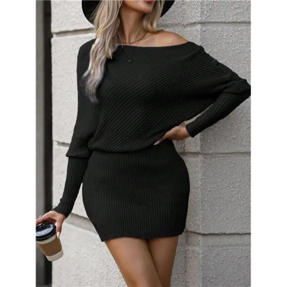 Casual Batwing Sleeve Waisted Knitted Sweater Dress, For Autumn And Winter