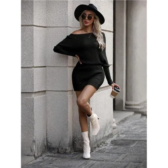 Casual Batwing Sleeve Waisted Knitted Sweater Dress, For Autumn And Winter