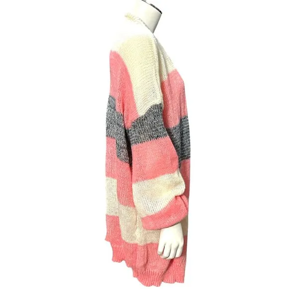 CCC Pink Gray Striped Long Open Plus Size Cardigan Sweater 5XL Tight Knit Cozy