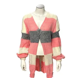 CCC Pink Gray Striped Long Open Plus Size Cardigan Sweater 5XL Tight Knit Cozy