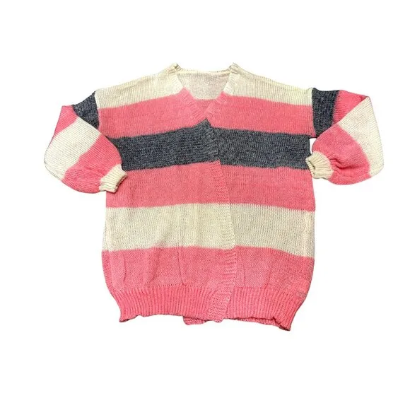 CCC Pink Gray Striped Long Open Plus Size Cardigan Sweater 5XL Tight Knit Cozy