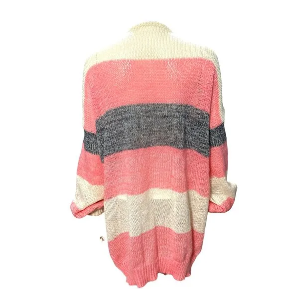 CCC Pink Gray Striped Long Open Plus Size Cardigan Sweater 5XL Tight Knit Cozy