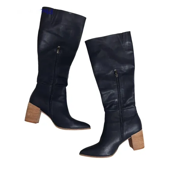 Ccocci black leather knee high pointed toe stacked wooden heel boots 8.5