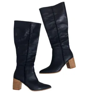 Ccocci black leather knee high pointed toe stacked wooden heel boots 8.5