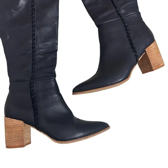 Ccocci black leather knee high pointed toe stacked wooden heel boots 8.5