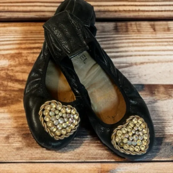 Chanel Black/Gold Leather Camellia Beaded Flower Scrunch Ballet Flat Sz 39 Women