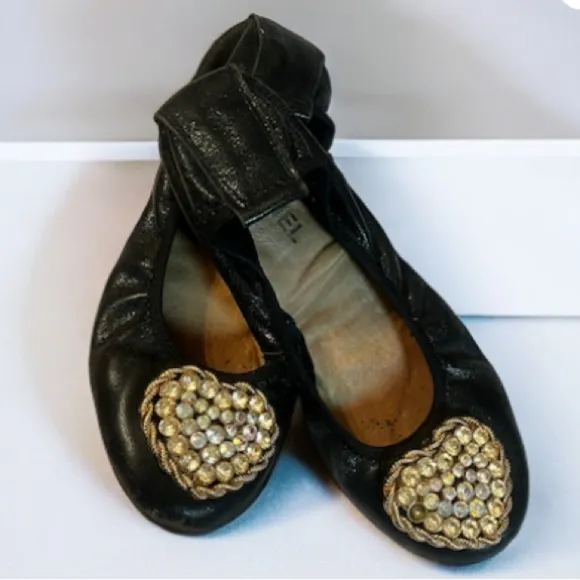 Chanel Black/Gold Leather Camellia Beaded Flower Scrunch Ballet Flat Sz 39 Women