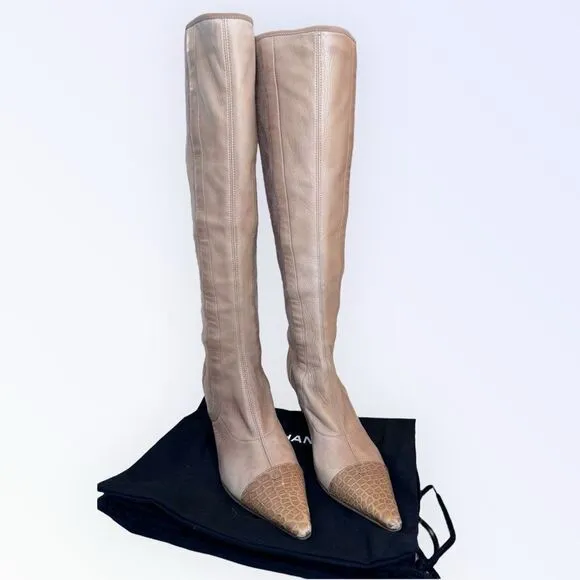 Chanel Knee High Leather Pointed Toe Boots 36.5