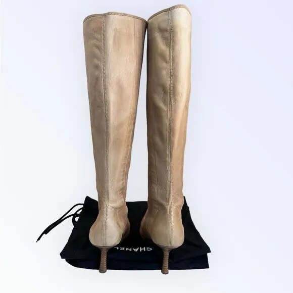 Chanel Knee High Leather Pointed Toe Boots 36.5