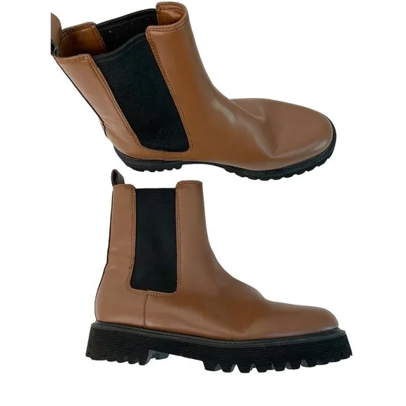 Charles &amp; Keith Women's Brown Chelsea Boots Size 6.5 Stretch Flat Lug EUC 7487