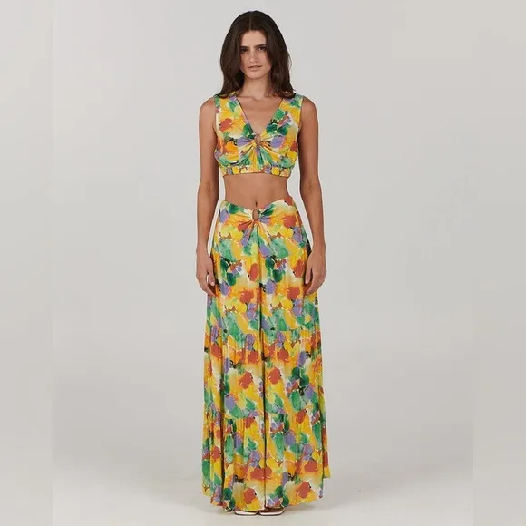 Charlie Holiday Floral bright Cheyenne maxi skirt and crop top two piece set-OBO