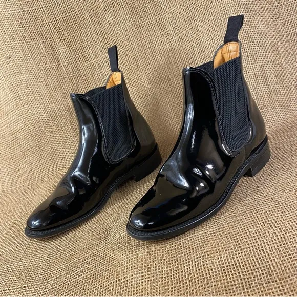 Chelsea Boots Ankle Booties Black Patent Leather Mustang England  Women's Size 7