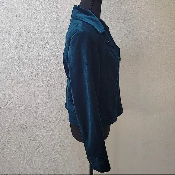 CHICOS Women’s Teal Velveteen Cropped Moto Jacket W Snaps Zippers Sz 3 bust 44”