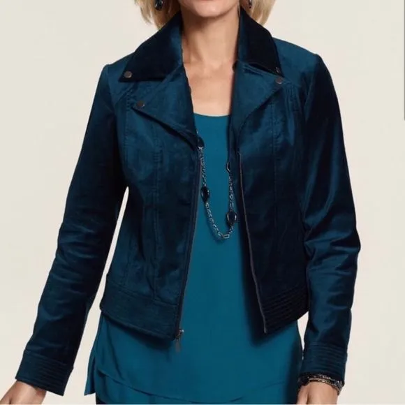 CHICOS Women’s Teal Velveteen Cropped Moto Jacket W Snaps Zippers Sz 3 bust 44”
