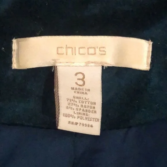 CHICOS Women’s Teal Velveteen Cropped Moto Jacket W Snaps Zippers Sz 3 bust 44”