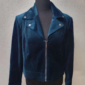 CHICOS Women’s Teal Velveteen Cropped Moto Jacket W Snaps Zippers Sz 3 bust 44”