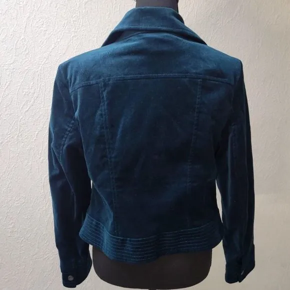 CHICOS Women’s Teal Velveteen Cropped Moto Jacket W Snaps Zippers Sz 3 bust 44”