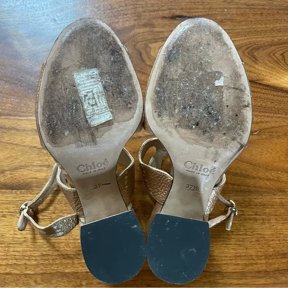 CHLOÉ Lauren’s Snakeskin-embossed Metallic Leather Sandal Size US 7