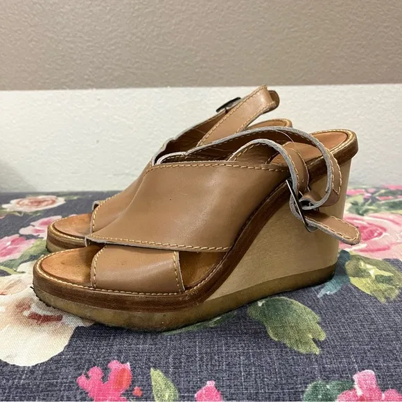 Chloe Tan Leather Wedge Sandals with Adjustable Strap size 38