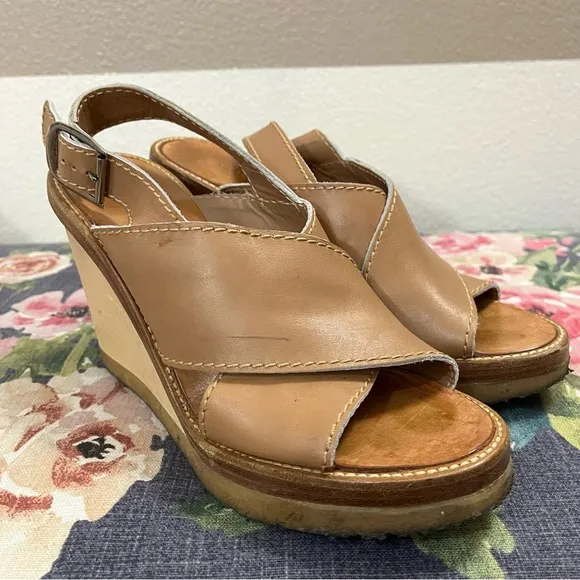 Chloe Tan Leather Wedge Sandals with Adjustable Strap size 38