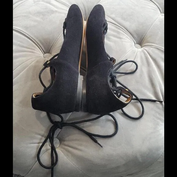 Chole' Women Foster Black Suede Round Toe Lace Up Ballet Flat Shoe 38.5 8.5 $795
