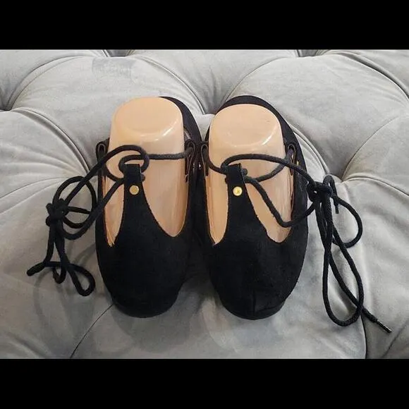 Chole' Women Foster Black Suede Round Toe Lace Up Ballet Flat Shoe 38.5 8.5 $795