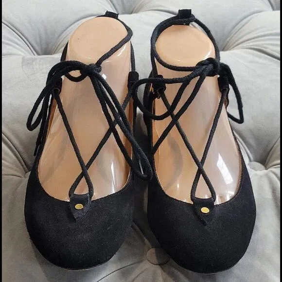 Chole' Women Foster Black Suede Round Toe Lace Up Ballet Flat Shoe 38.5 8.5 $795