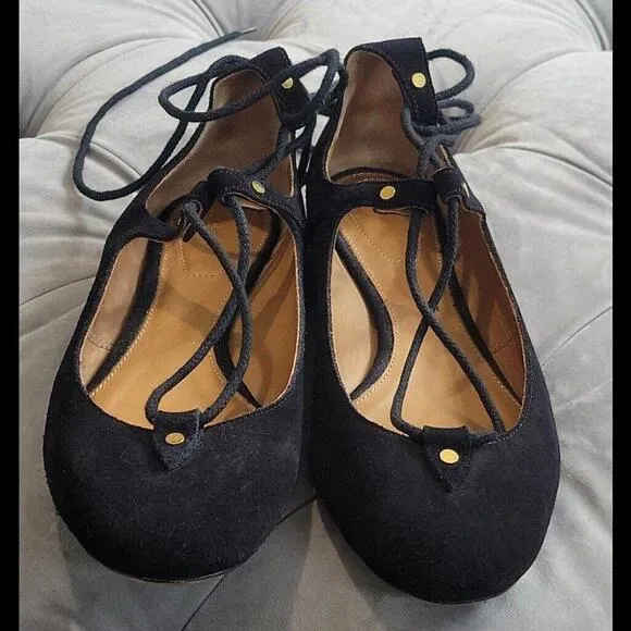 Chole' Women Foster Black Suede Round Toe Lace Up Ballet Flat Shoe 38.5 8.5 $795